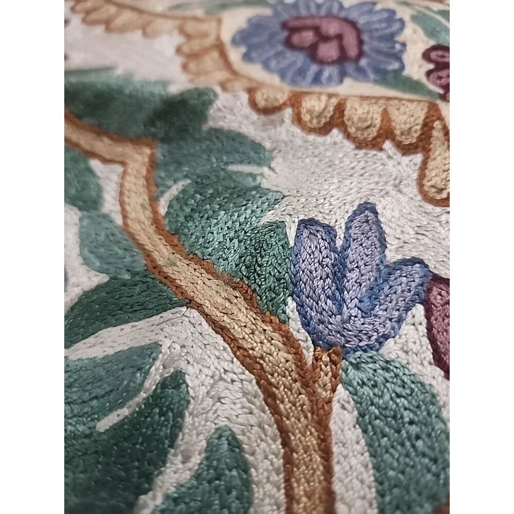 Vintage Kashmiri Crewel Chain Stitch Floral Rug Wall Hanging Boho 2 x 3 Tapestry